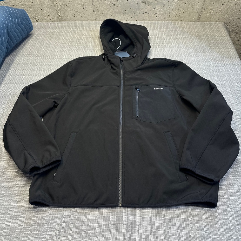 Levis Softshell Hooded Jacket Mens XXL Black‎ Full Zip Fleece Lined Gorp Casual